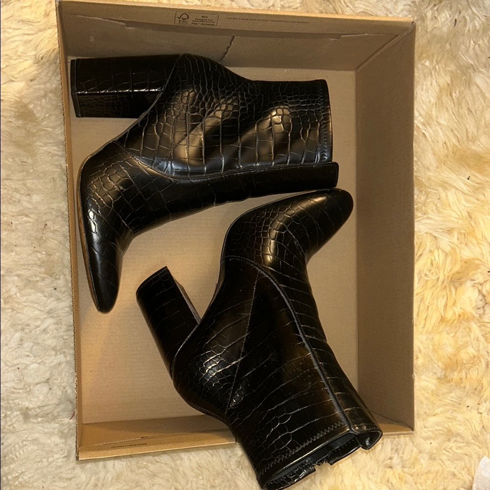 Black Crocodile-Embossed Ankle Boots